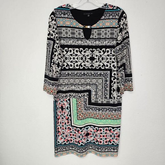 Tiana B. Dresses & Skirts - Tiana B. Dress Multicolor Geometric Print  Keyhole Neck Shift Sz M Artsy
